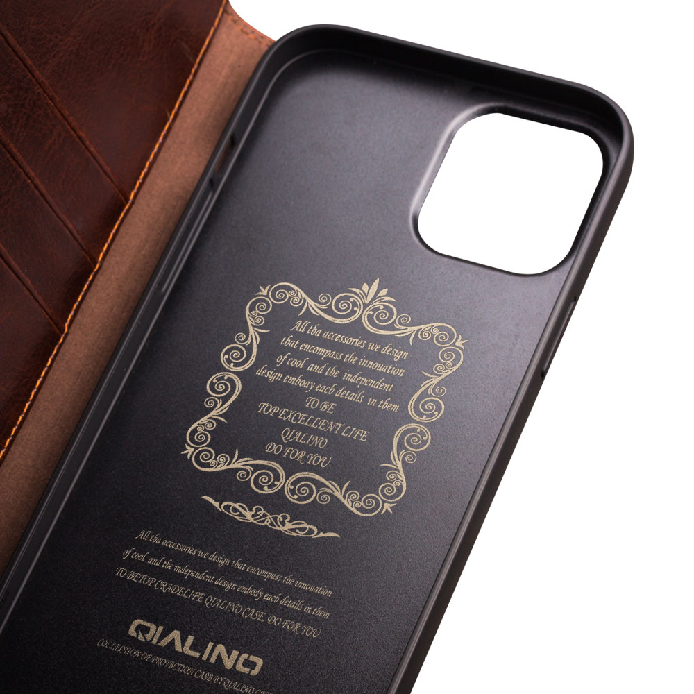 Fourre iPhone 15 Pro - Flip Qialino Classic Wallet cuir véritable - Brun