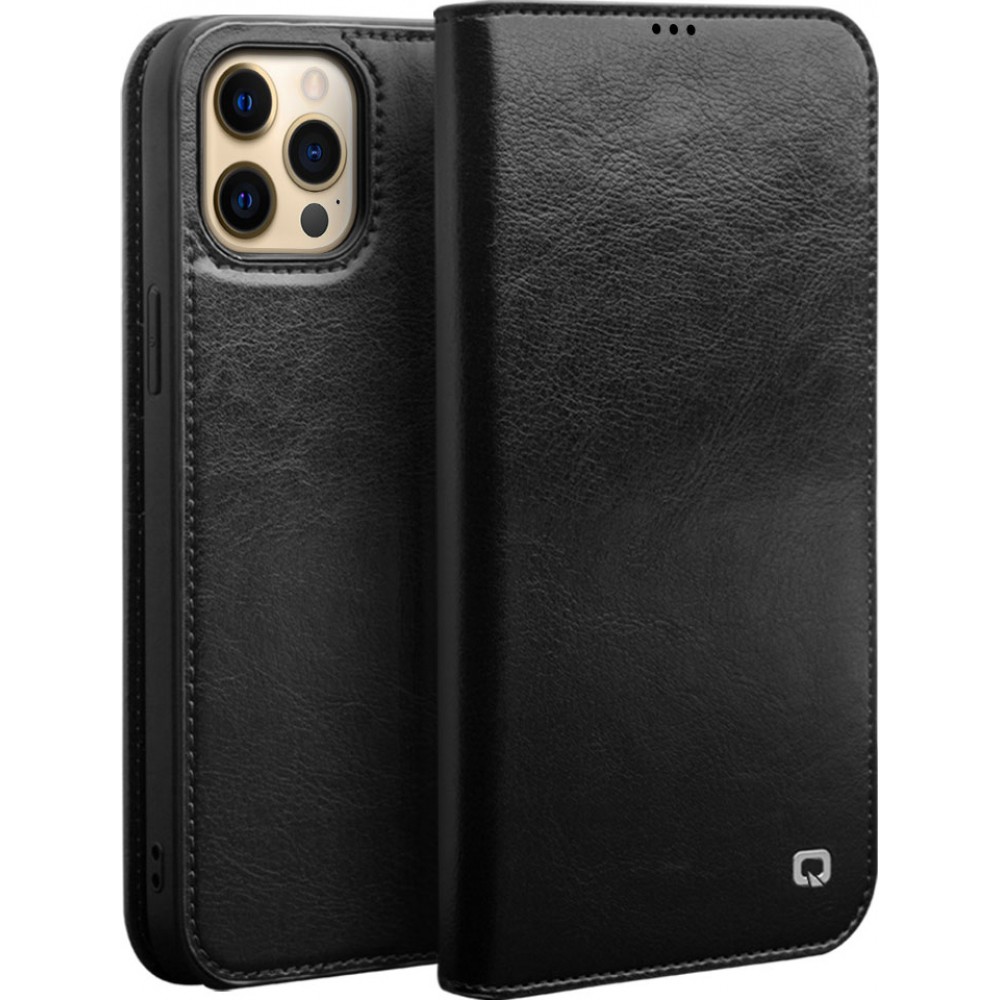 iPhone 15 Pro Case Hülle - Qialino Flip Classic Wallet Echtleder - Schwarz