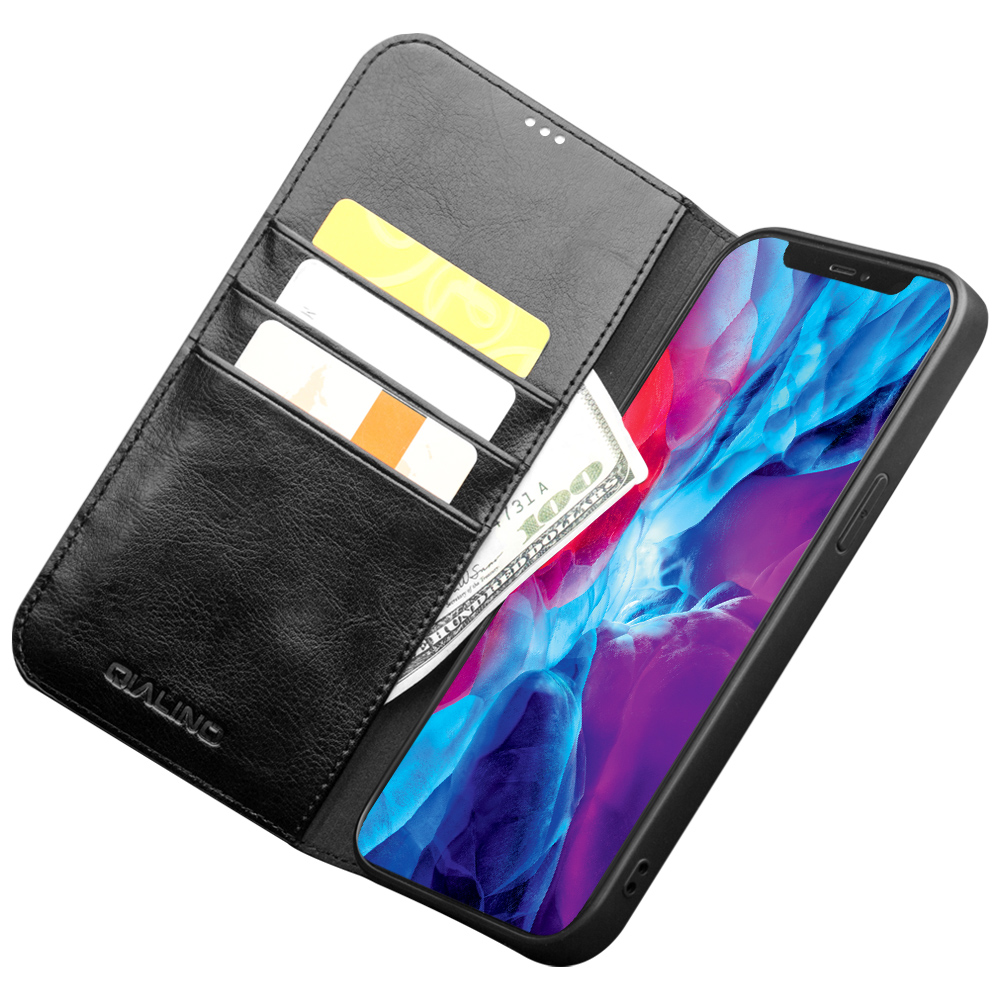 iPhone 15 Pro Case Hülle - Qialino Flip Classic Wallet Echtleder - Schwarz