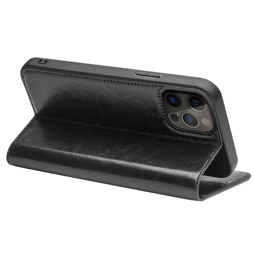 iPhone 14 Pro Max Case Hülle - Qialino Flip Echtleder - Schwarz