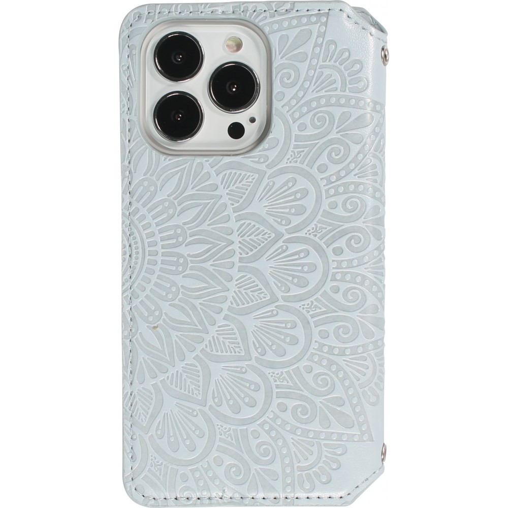 iPhone 13 Pro Max Case Hülle - Flip Wallet Fashion künstlerisches Mandala Design  - Grau