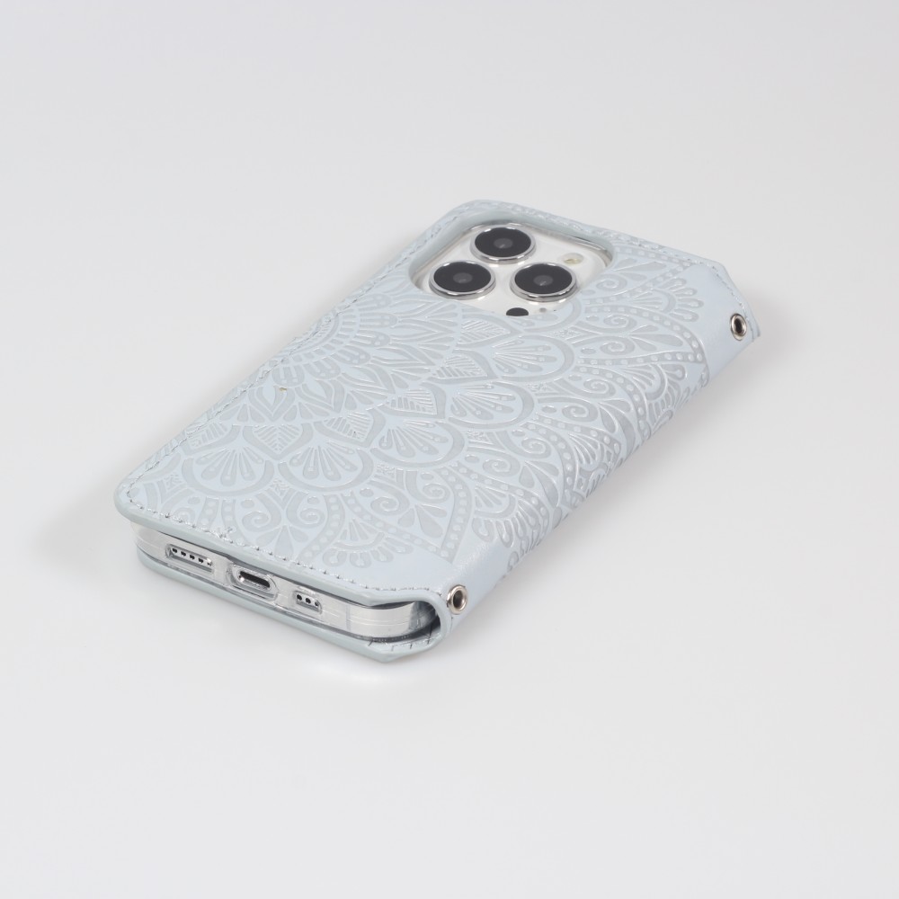 iPhone 13 Pro Max Case Hülle - Flip Wallet Fashion künstlerisches Mandala Design  - Grau