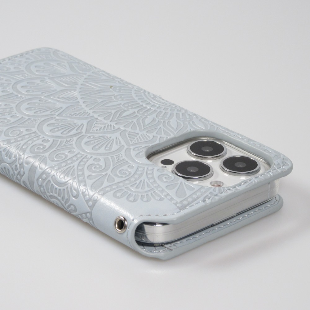 iPhone 13 Pro Max Case Hülle - Flip Wallet Fashion künstlerisches Mandala Design  - Grau