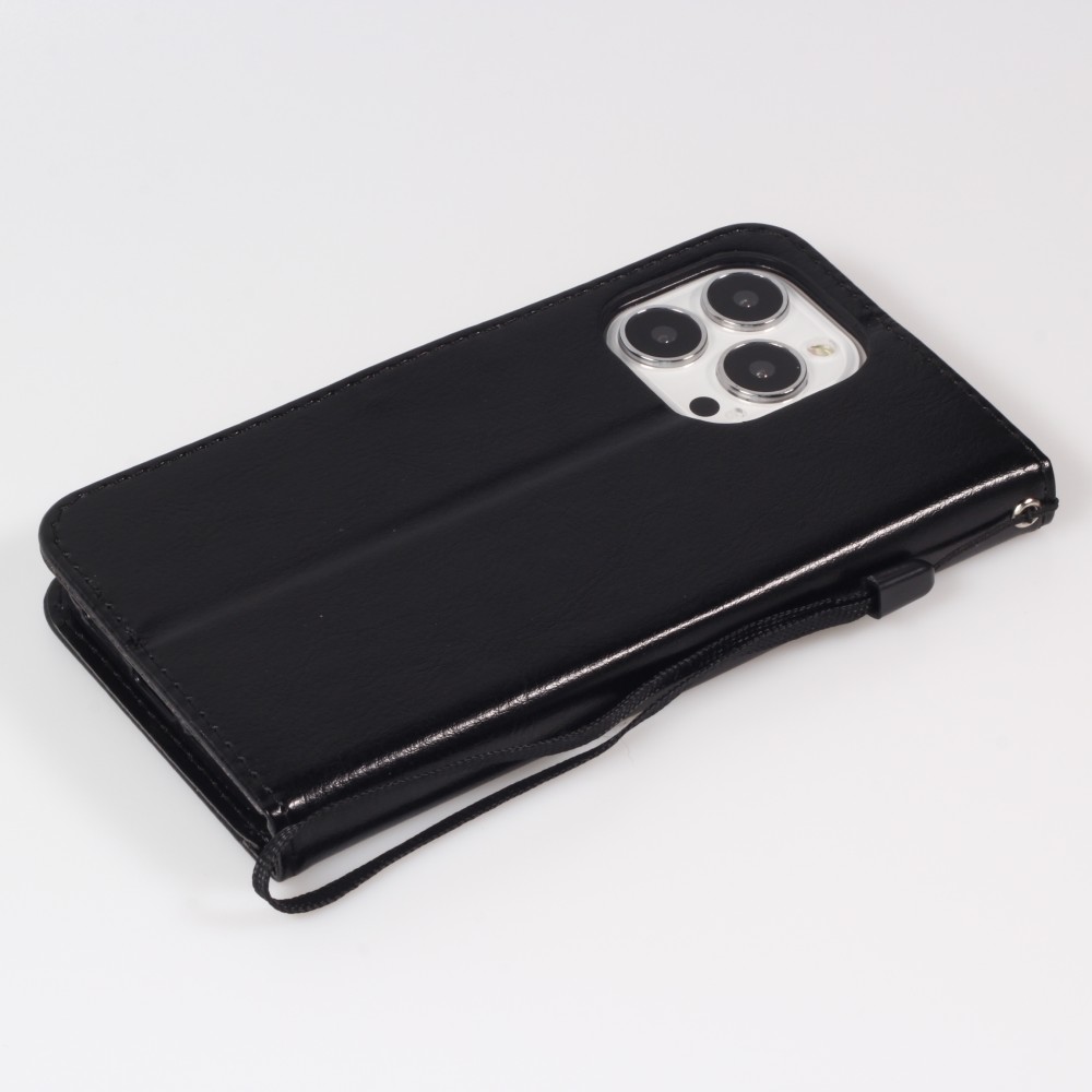 iPhone 16 Pro Max Case Hülle - Premium Flip Leder Tasche - Schwarz