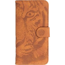 iPhone 14 Max Case Hülle - 3D Flip Kunstleder Auge des Tigers - Braun