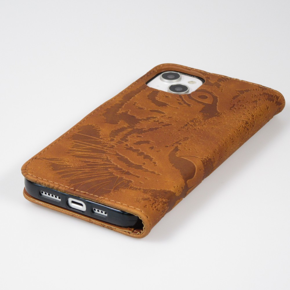 iPhone 14 Max Case Hülle - 3D Flip Kunstleder Auge des Tigers - Braun