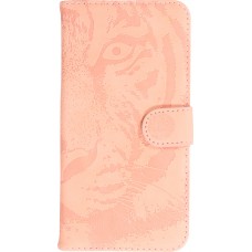 iPhone 14 Max Case Hülle - 3D Flip Kunstleder Auge des Tigers - Rosa