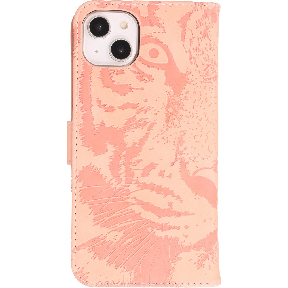 iPhone 14 Max Case Hülle - 3D Flip Kunstleder Auge des Tigers - Rosa