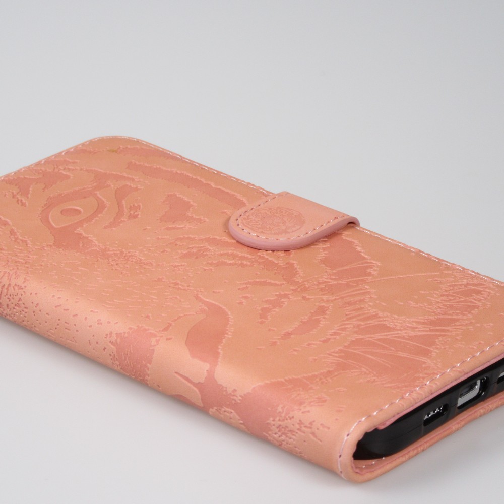 iPhone 14 Max Case Hülle - 3D Flip Kunstleder Auge des Tigers - Rosa