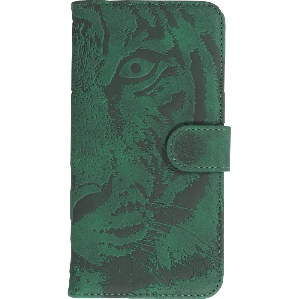 iPhone 14 Max Case Hülle - 3D Flip Kunstleder Auge des Tigers - Grün