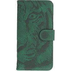 iPhone 14 Max Case Hülle - 3D Flip Kunstleder Auge des Tigers - Grün