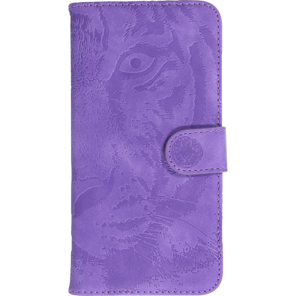 iPhone 14 Max Case Hülle - 3D Flip Kunstleder Auge des Tigers - Violett