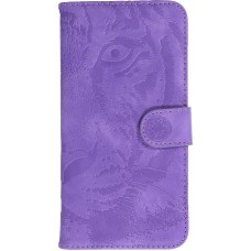 iPhone 14 Max Case Hülle - 3D Flip Kunstleder Auge des Tigers - Violett