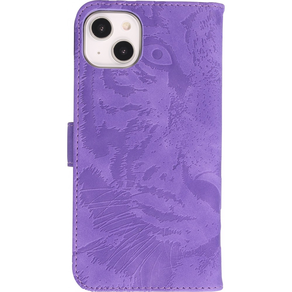 iPhone 15 Plus Case Hülle - 3D Flip Kunstleder Auge des Tigers - Violett