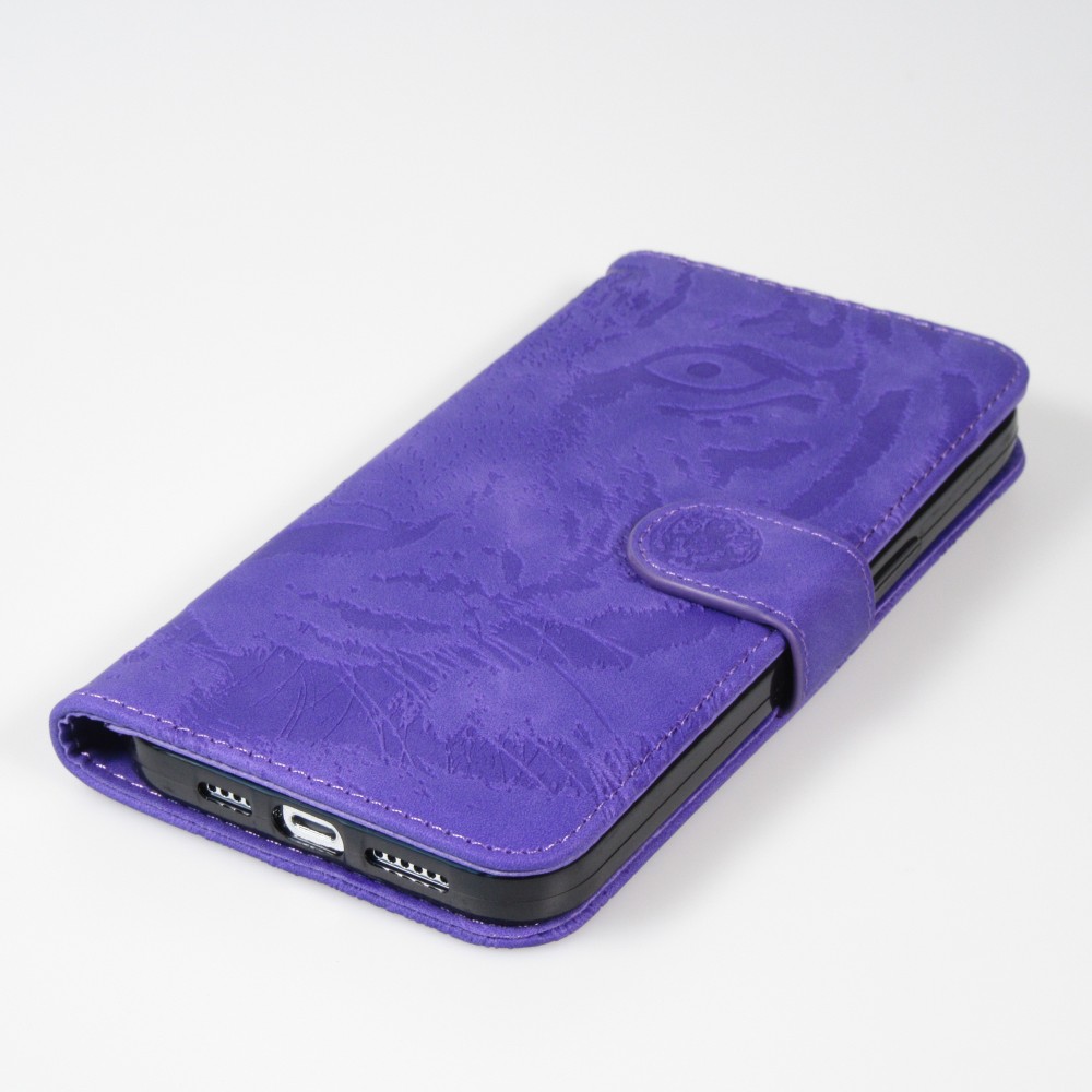 iPhone 14 Max Case Hülle - 3D Flip Kunstleder Auge des Tigers - Violett