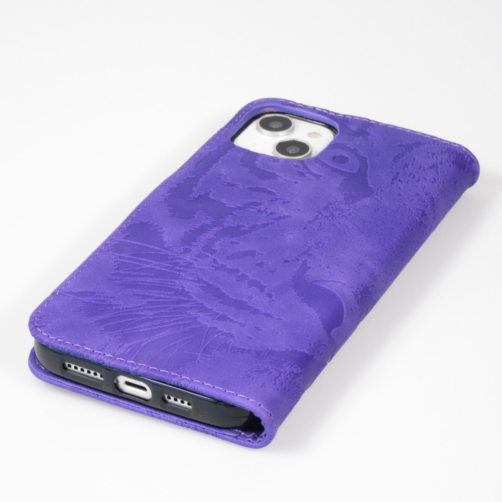 iPhone 14 Max Case Hülle - 3D Flip Kunstleder Auge des Tigers - Violett