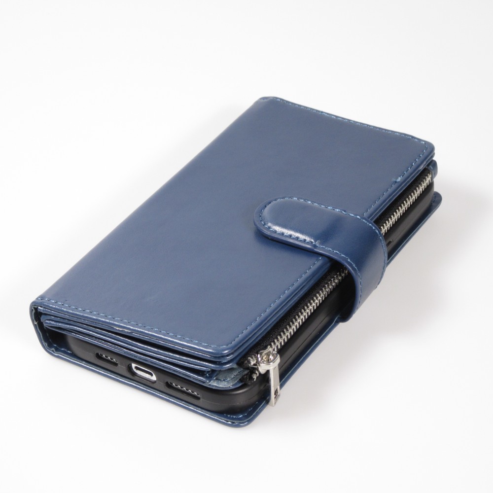 Fourre iPhone 15 Pro Max - Etui portefeuille luxueux et sophistiqué en cuir avec aimant et compartiment à monnaie - Bleu