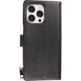 Fourre iPhone 15 Pro Max - Etui portefeuille luxueux et sophistiqué en cuir avec aimant et compartiment à monnaie - Noir