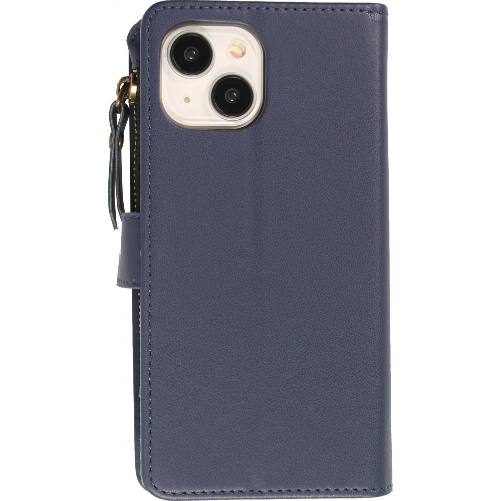 Fourre iPhone 15 - Etui portefeuille luxueux et sophistiqué en cuir avec aimant et compartiment à monnaie - Bleu