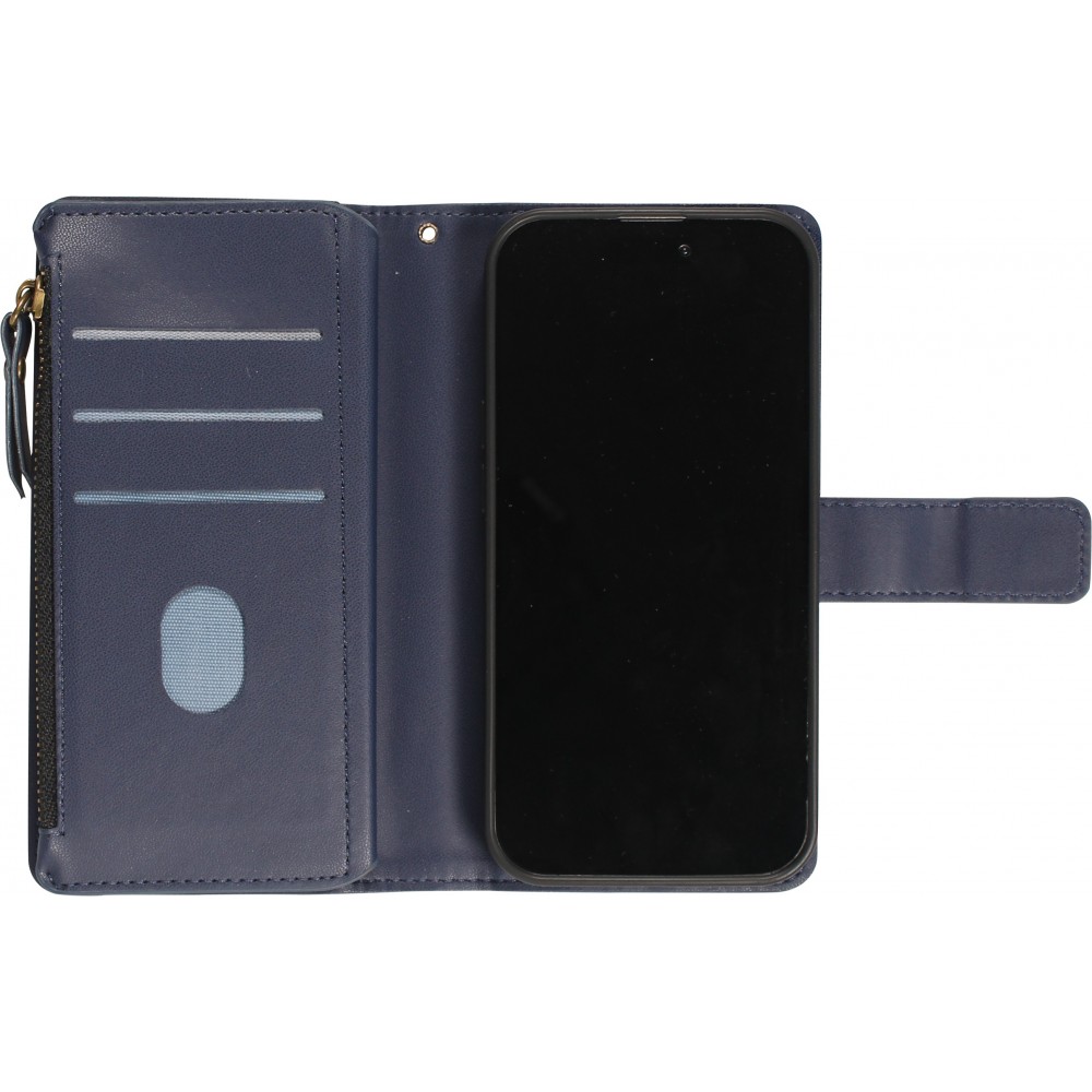 Fourre iPhone 15 - Etui portefeuille luxueux et sophistiqué en cuir avec aimant et compartiment à monnaie - Bleu