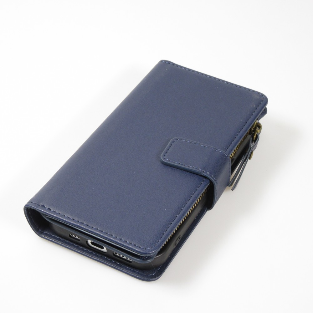 iPhone 15 Case Hülle - Brieftaschen-Hülle luxuriös und raffiniert mit Magnet Verschluss & Münz- und Kartenfach  - Blau