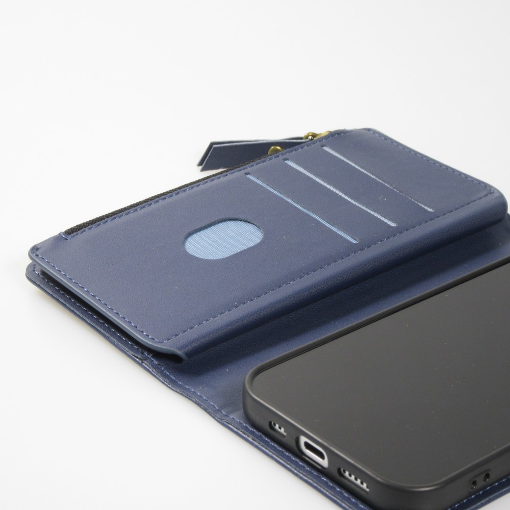 Fourre iPhone 15 - Etui portefeuille luxueux et sophistiqué en cuir avec aimant et compartiment à monnaie - Bleu