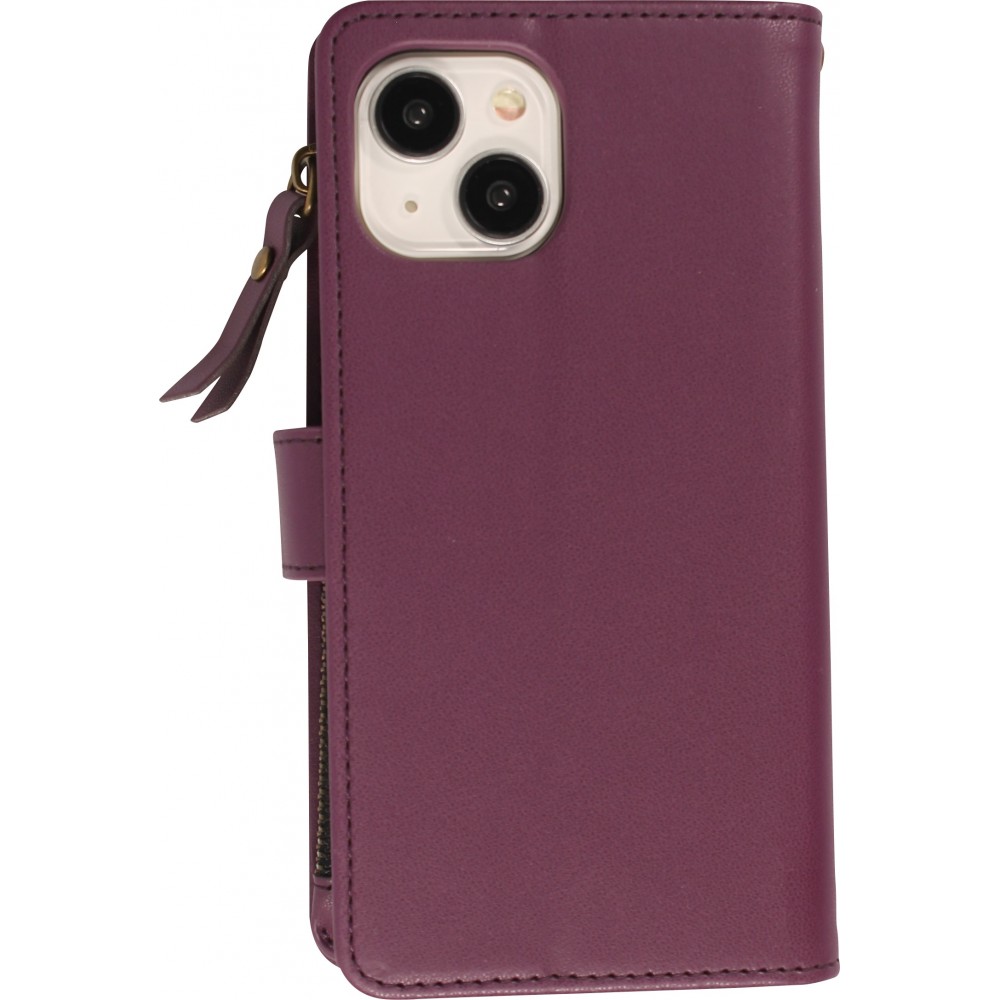 iPhone 15 Case Hülle - Brieftaschen-Hülle luxuriös und raffiniert mit Magnet Verschluss & Münz- und Kartenfach - Dunkelviolett