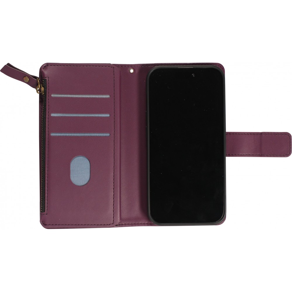 iPhone 15 Case Hülle - Brieftaschen-Hülle luxuriös und raffiniert mit Magnet Verschluss & Münz- und Kartenfach - Dunkelviolett