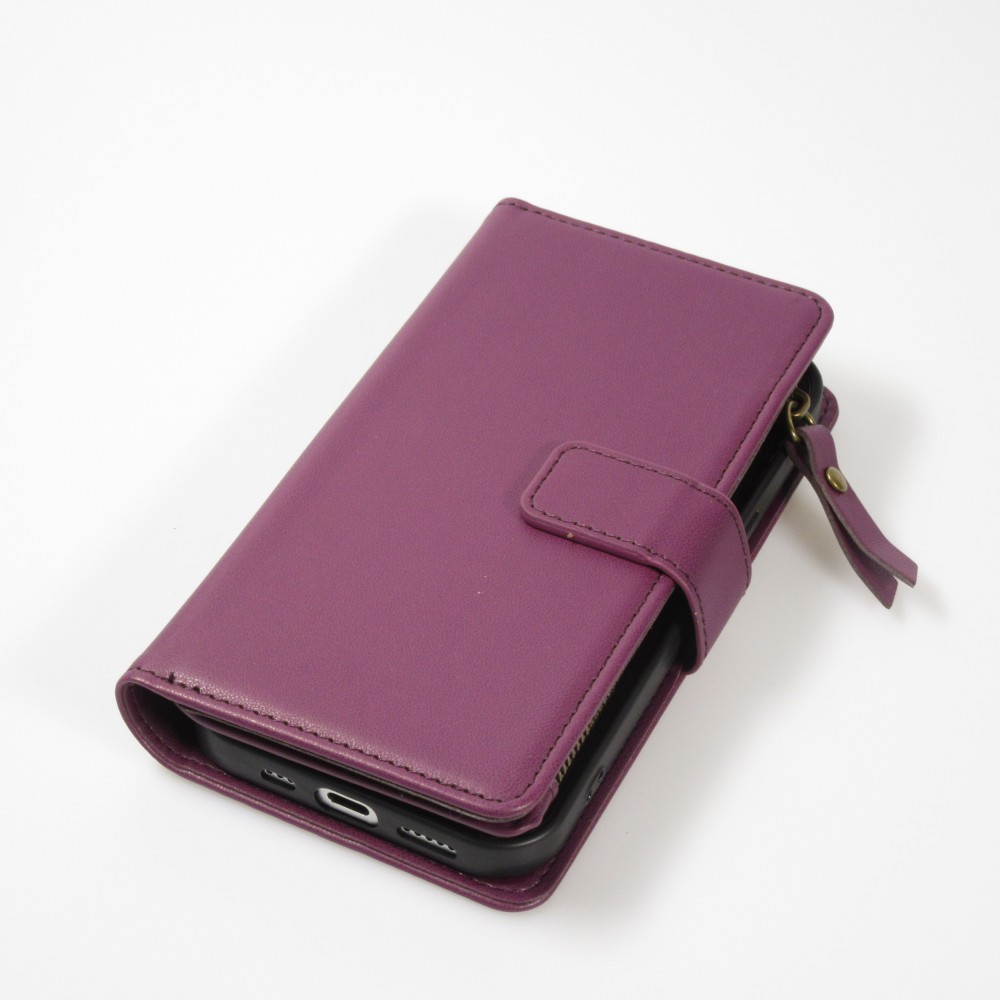 iPhone 15 Case Hülle - Brieftaschen-Hülle luxuriös und raffiniert mit Magnet Verschluss & Münz- und Kartenfach - Dunkelviolett