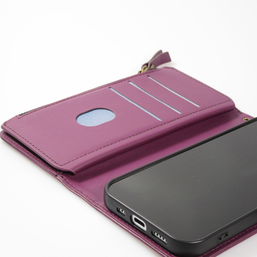 iPhone 15 Case Hülle - Brieftaschen-Hülle luxuriös und raffiniert mit Magnet Verschluss & Münz- und Kartenfach - Dunkelviolett