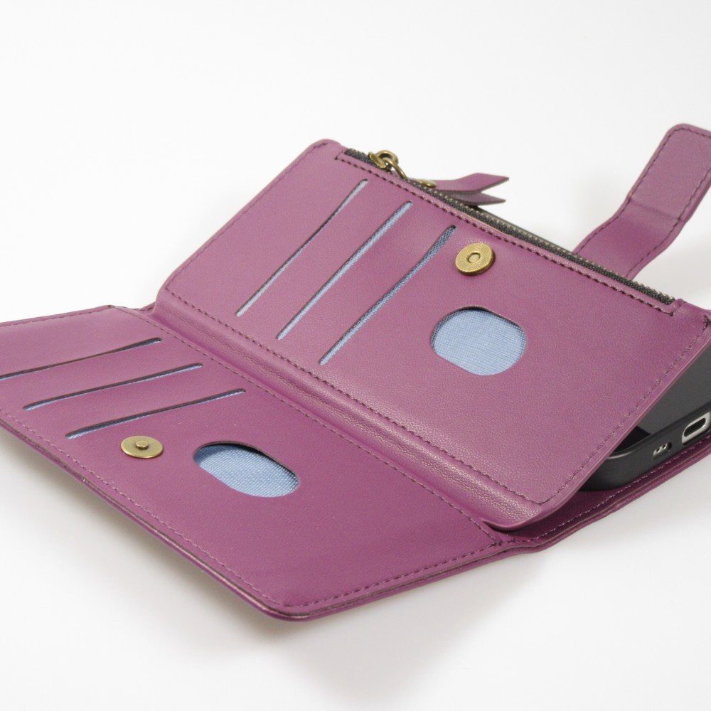 iPhone 15 Case Hülle - Brieftaschen-Hülle luxuriös und raffiniert mit Magnet Verschluss & Münz- und Kartenfach - Dunkelviolett