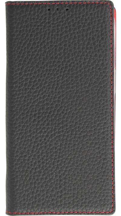 iPhone 15 Pro Max Case Hülle - Flip 3D echtes genarbtes Rindsleder - Schwarz/rot