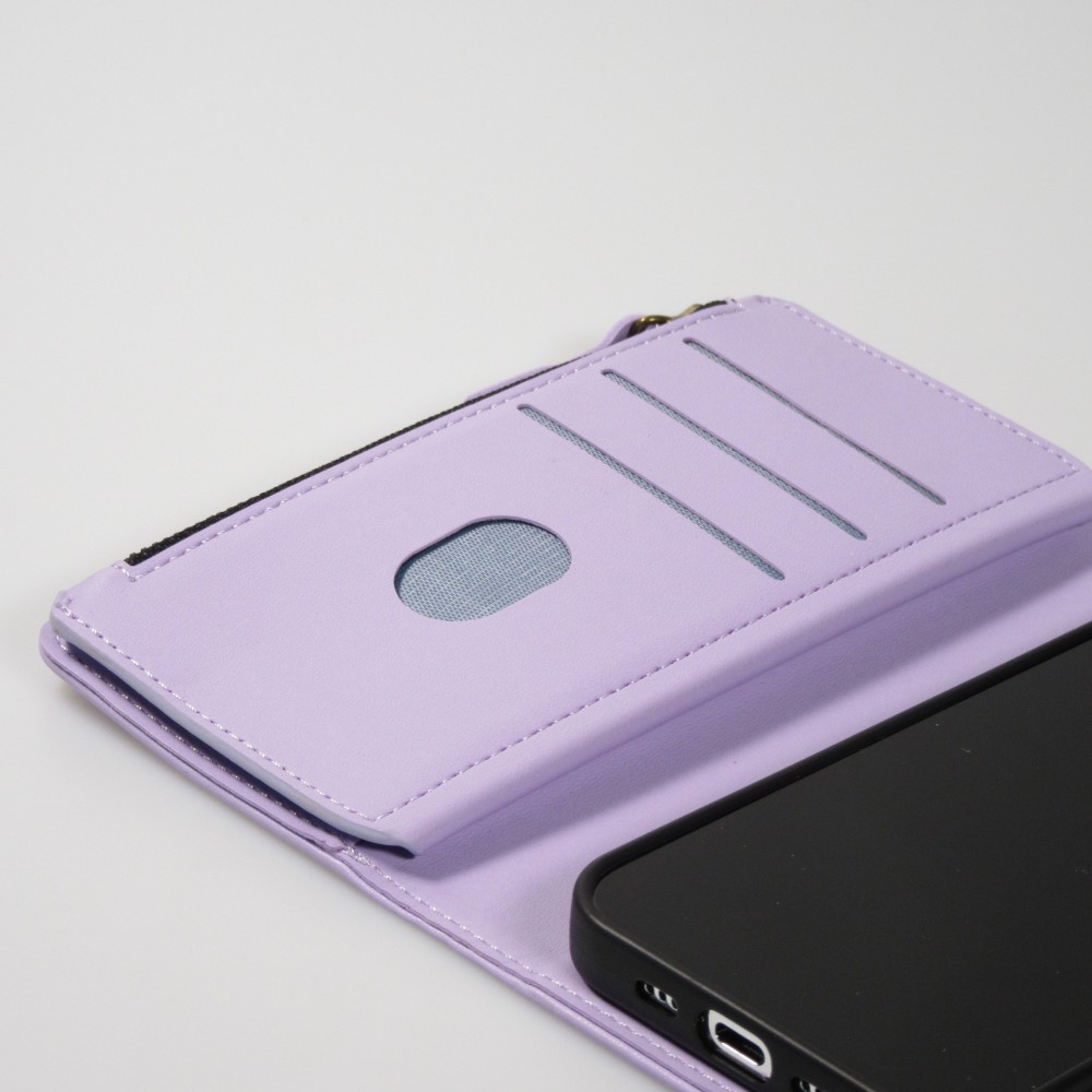 Fourre iPhone 15 Pro Max - Etui portefeuille luxueux et sophistiqué en cuir avec aimant et compartiment à monnaie - Violet clair