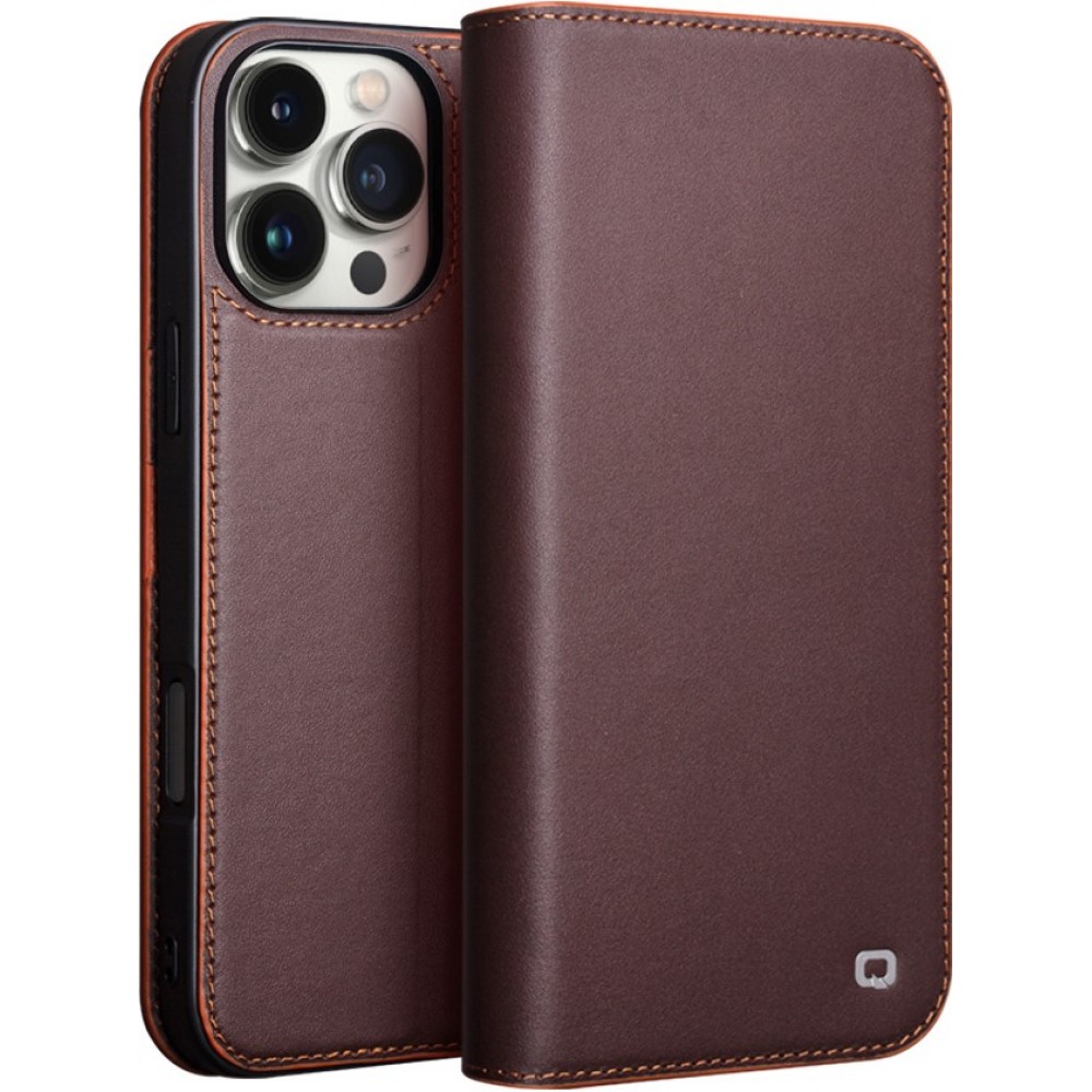 iPhone 16 Pro Case Hülle - Qialino Flip Matt Wallet Echtleder - Braun