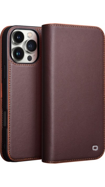 iPhone 16 Pro Case Hülle - Qialino Flip Matt Wallet Echtleder - Braun