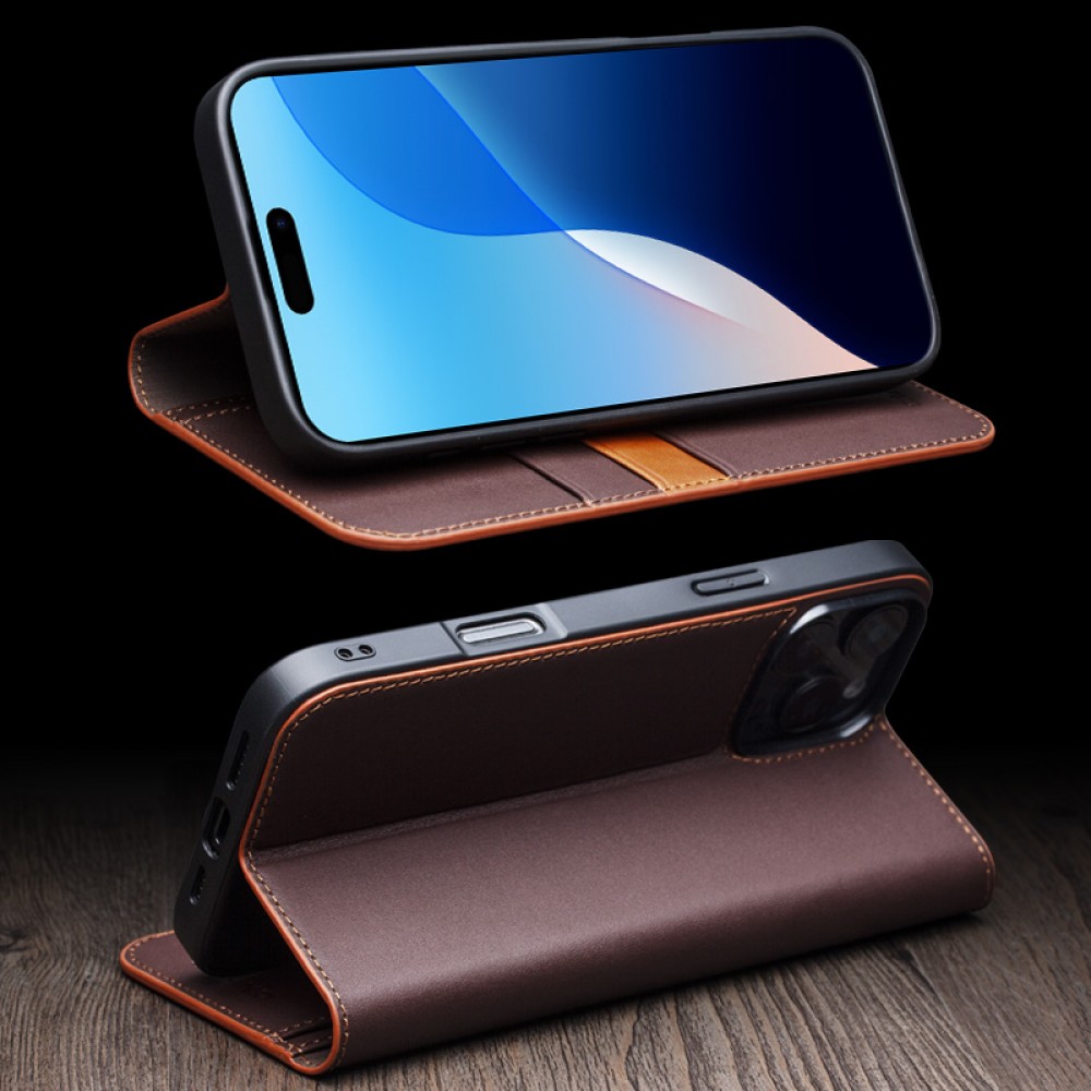 iPhone 16 Pro Case Hülle - Qialino Flip Matt Wallet Echtleder - Braun