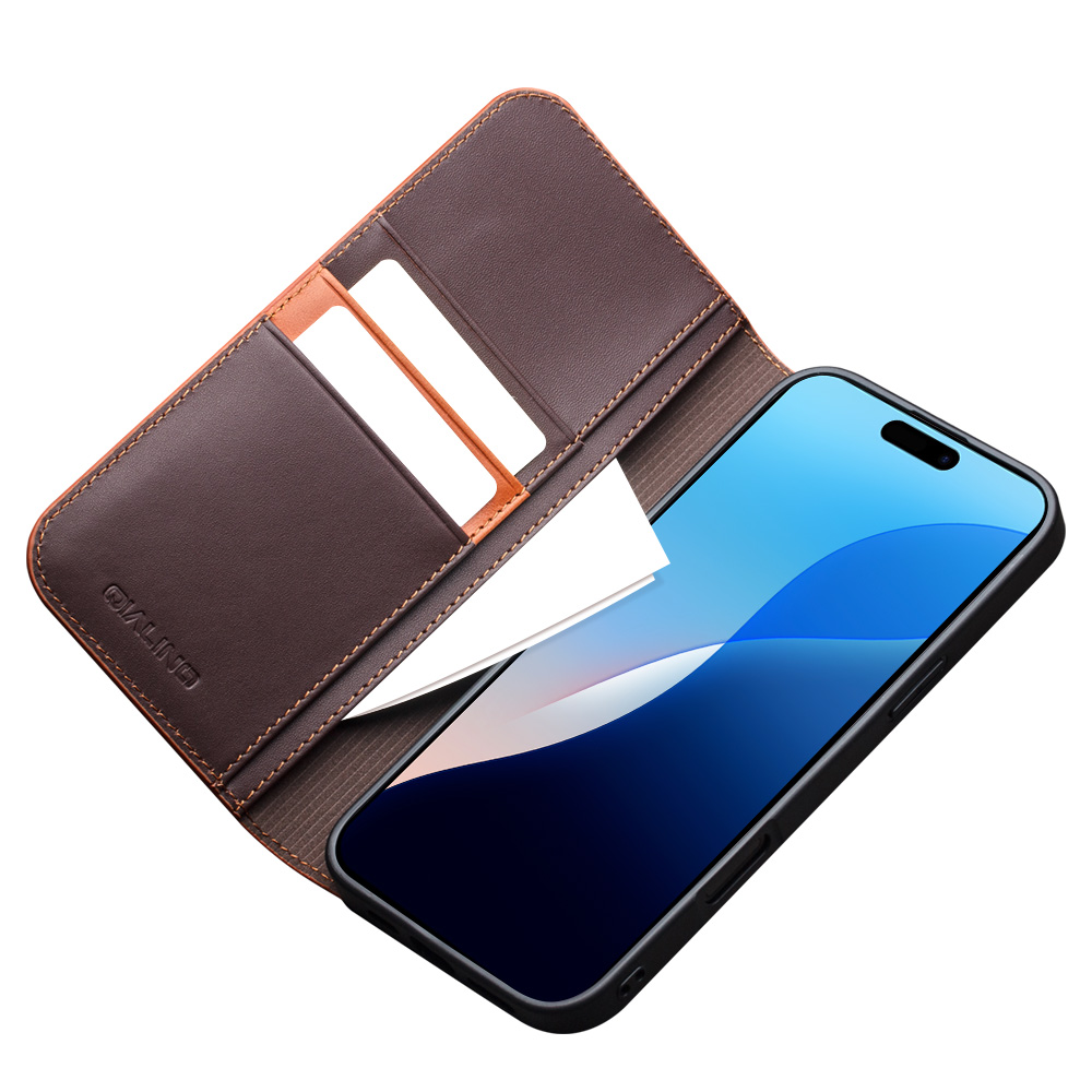 iPhone 16 Pro Case Hülle - Qialino Flip Matt Wallet Echtleder - Braun