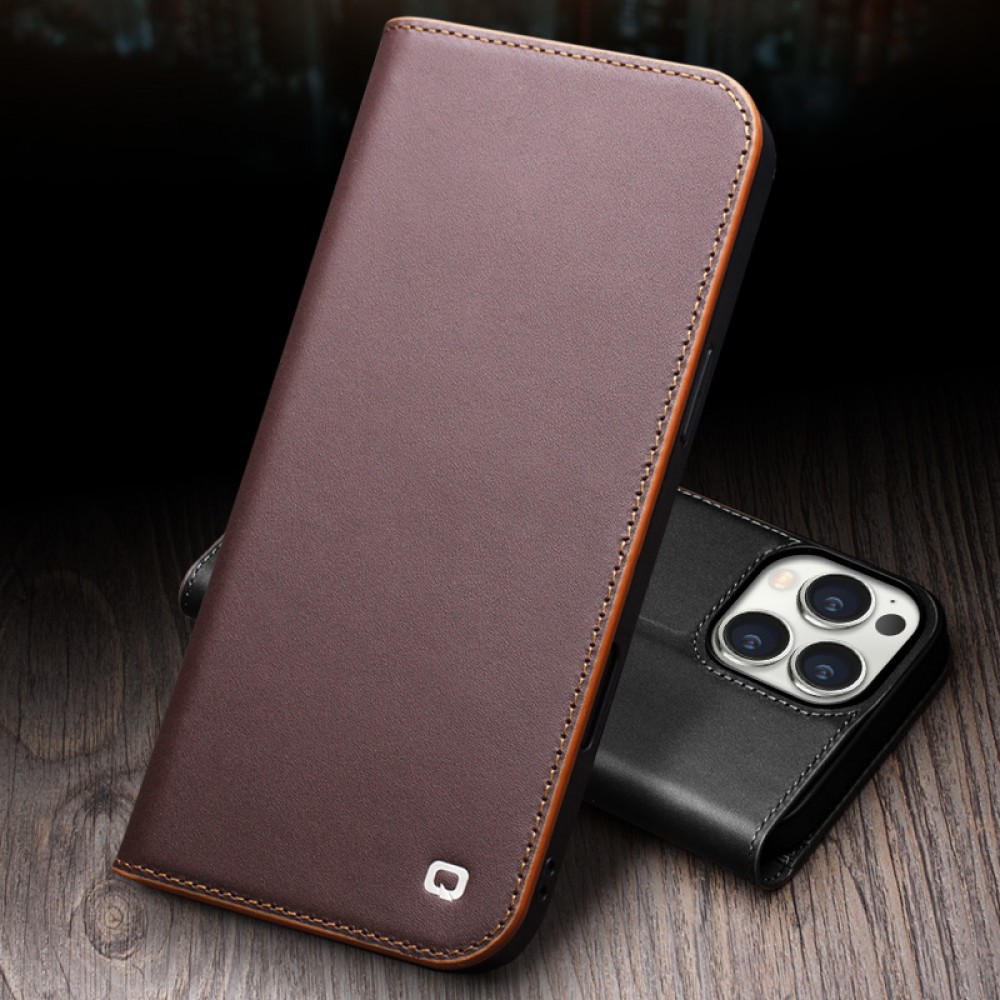 iPhone 16 Pro Case Hülle - Qialino Flip Matt Wallet Echtleder - Braun