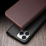 Fourre iPhone 16 Pro - Flip Qialino Matt Wallet cuir véritable - Brun foncé mat