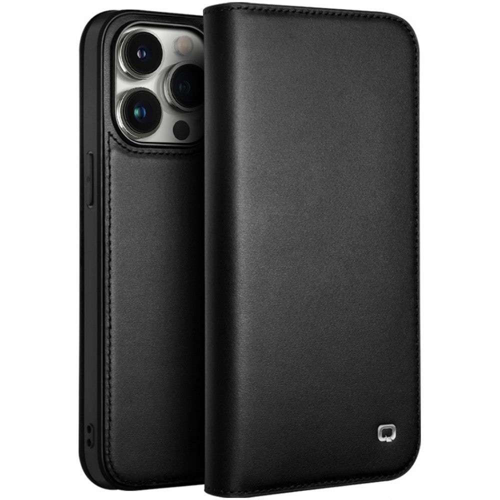 iPhone 15 Pro Max Case Hülle - Qialino Flip Echtleder - Mattschwarz