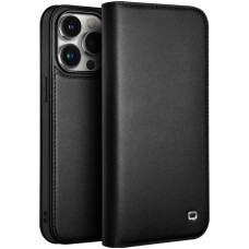 iPhone 16 Pro Case Hülle - Qialino Flip Matt Wallet Echtleder - Schwarz