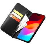 iPhone 16 Pro Case Hülle - Qialino Flip Matt Wallet Echtleder - Schwarz