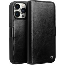 Fourre iPhone 15 Pro Max - Flip Qialino cuir véritable avec fermeture magnétique - Noir