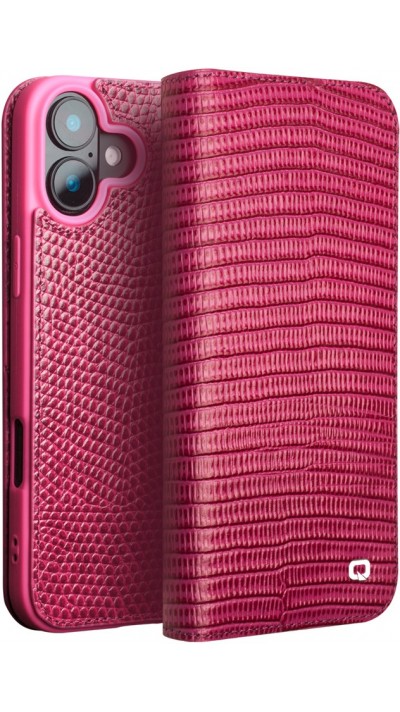 Fourre iPhone 16 - Flip Croco Qialino cuir véritable - Rose