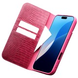 Fourre iPhone 16 Plus - Flip Croco Qialino cuir véritable - Rose