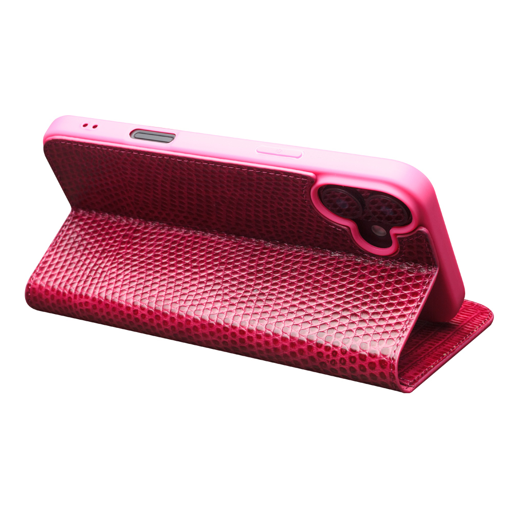 iPhone 16 Case Hülle - Qialino Croco Flip Echtleder - Rosa