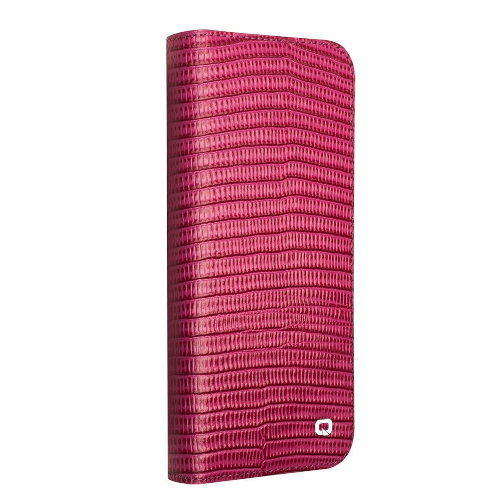 Fourre iPhone 16 Plus - Flip Croco Qialino cuir véritable - Rose