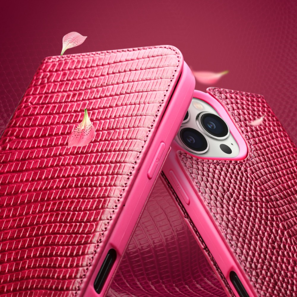 Fourre iPhone 16 - Flip Croco Qialino cuir véritable - Rose