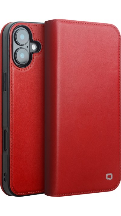 Fourre iPhone 16 Plus - Flip Qialino Matt Wallet cuir véritable - Rouge