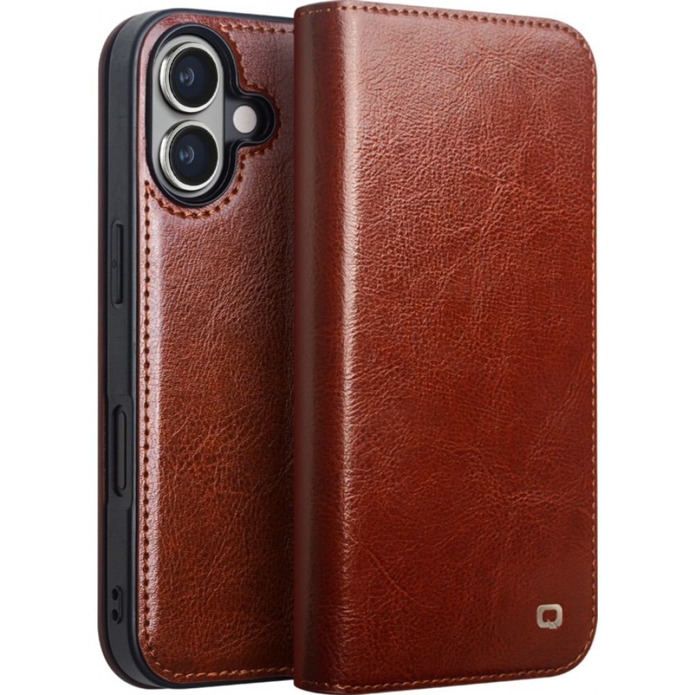 iPhone 16 Case Hülle - Qialino Flip Classic Wallet Echtleder - Braun